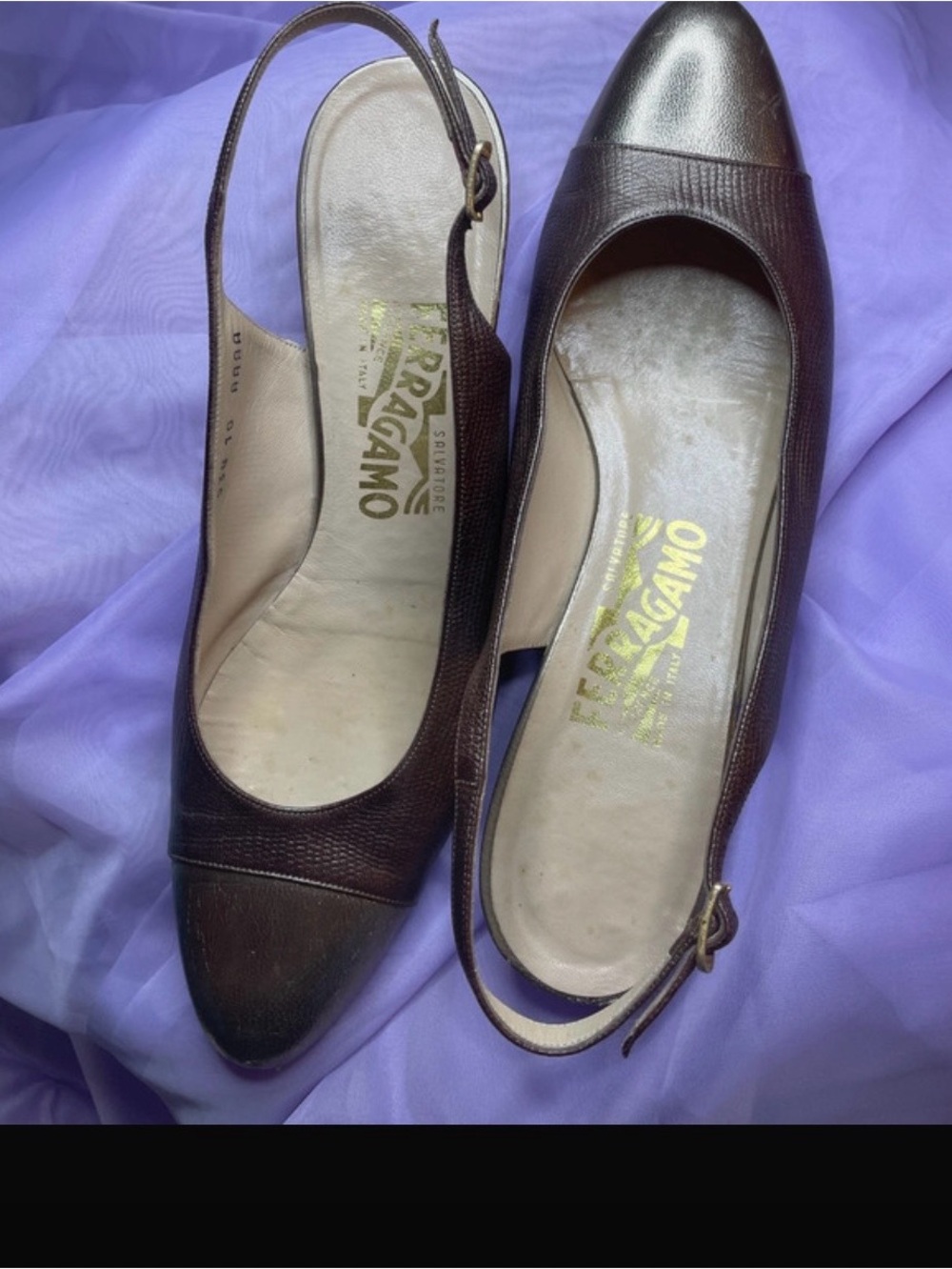 Original vintage Salvatore Ferragamo Dark Brown Leather Slingback Pumps